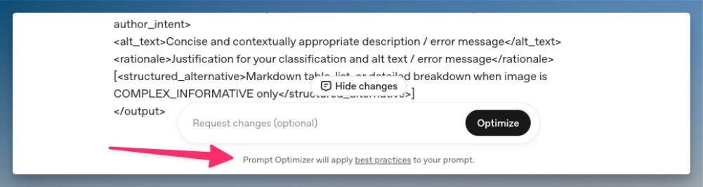 Prompt optimizer showing "will apply best practices to your prompt" and links to them.